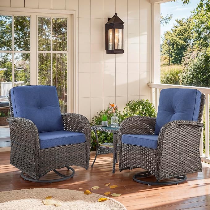 Outdoor Swivel Glider Rocker Chairs - 3 Piece Patio Furniture Set, Patio Bistro Sets with Tempered Glass Side Table, for Balcony, Porch - Brown Wicker, Blue Cushion
