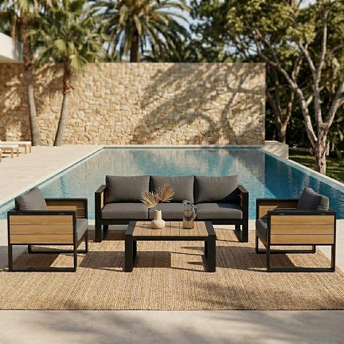 4-Piece Outdoor Patio Furniture Set,Conversation set for 5 Person, 3-Seater Sofa, 2 Armchairs with Fold-Out Side Tables, Aluminum Frame & Plastic-Wood , Modern Garden/Patio Seating, Grey Cushions