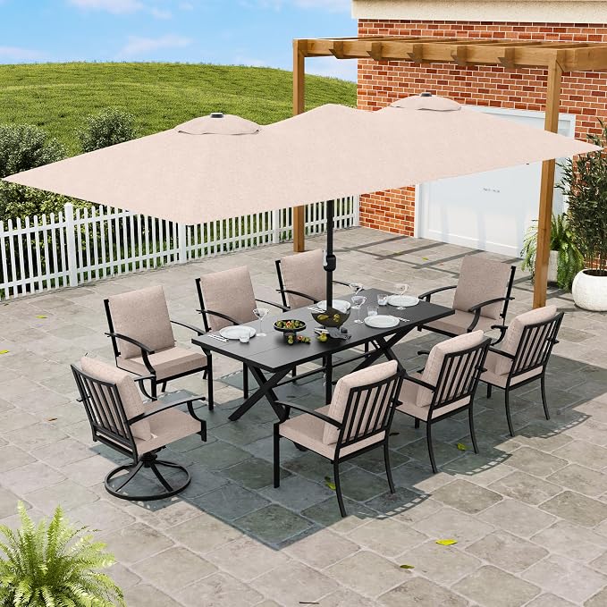 10 PCS Outdoor Patio Dining Set with 13.6ft Double-Sided Patio Umbrella,Patio Table and Chairs Metal Outdoor Patio Furniture Set,Dining Table Set with Swivel Chairs,Brown