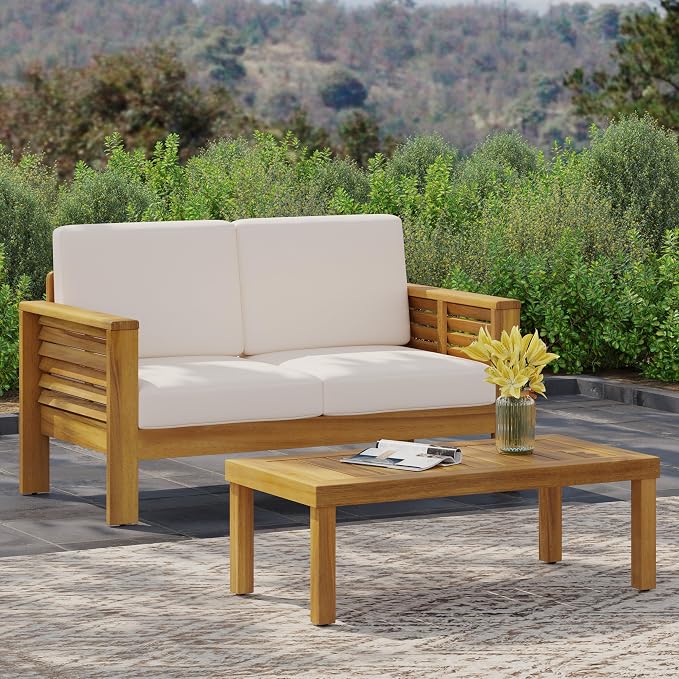 Merax Outdoor Acacia Wood Loveseat and Coffee Table Patio Conversation Set with Cushions for Backyard