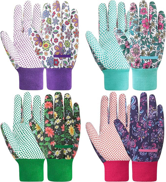DOFOWORK Gardening Gloves, 4 Pair Floral Garden Gloves for Women with Dots | Soft Comfortable Fabric,Cute Floral Pattern,Anti-slip PVC Dots,Designed for Ladies,Yard Planting & Daily Gardening Work
