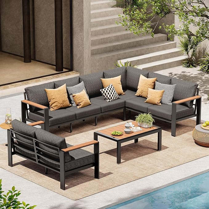 Aluminum Outdoor Patio Furniture Set 8 Seats, Outdoor Sectional Corner Sofa, Patio Conversation Set with Coffee Table & Washable Cushions, Furniture Set for Porch, Balcony, Deck, Graphite