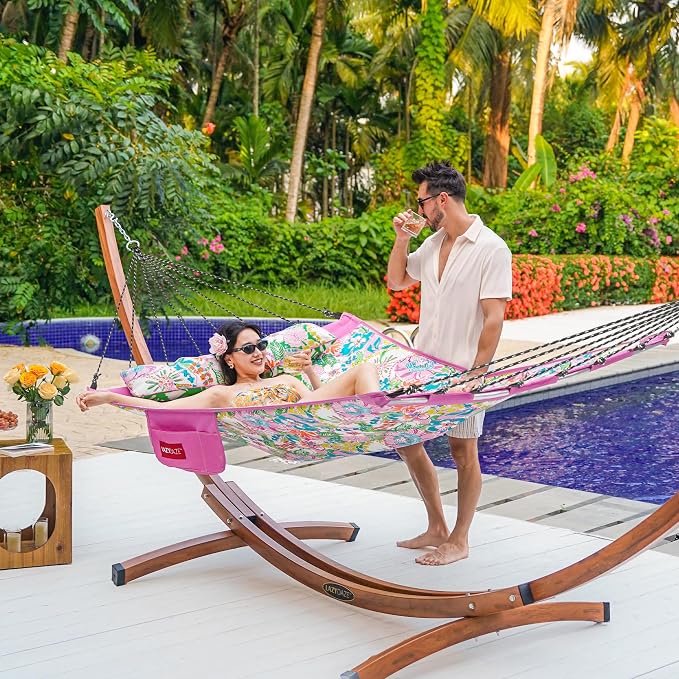 Lazy Daze Hammocks 12 FT Quilted Fabric Hammock with Curved Aluminium Spreader Bar, Double Hammock for Outside with Soft Pillow & Side Pocket 450 Lbs Capacity, Pink Floral
