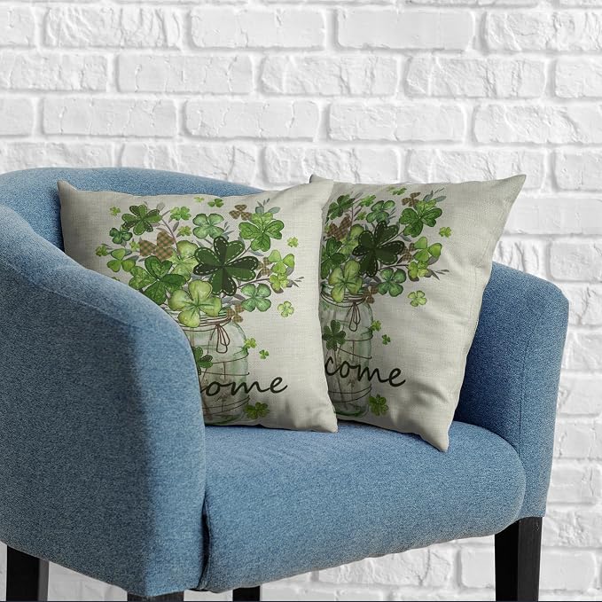 St Patricks Day Pillow Covers 18x18 Set of 2 Shamrock Pillow Case Clover Vase Decorative Pillow Covers Spring Cotton Linen Cushion Case for Living Room Outdoor Bedroom