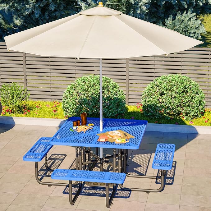 46" Iron Mesh Picnic Table with 1.73" Umbrella Hole Blue | Rust & Heat-Resistant, All-Season Use, Safe Arc Corners, Outdoor Square Metal Picnic Tables for Patio, Park or Backyard