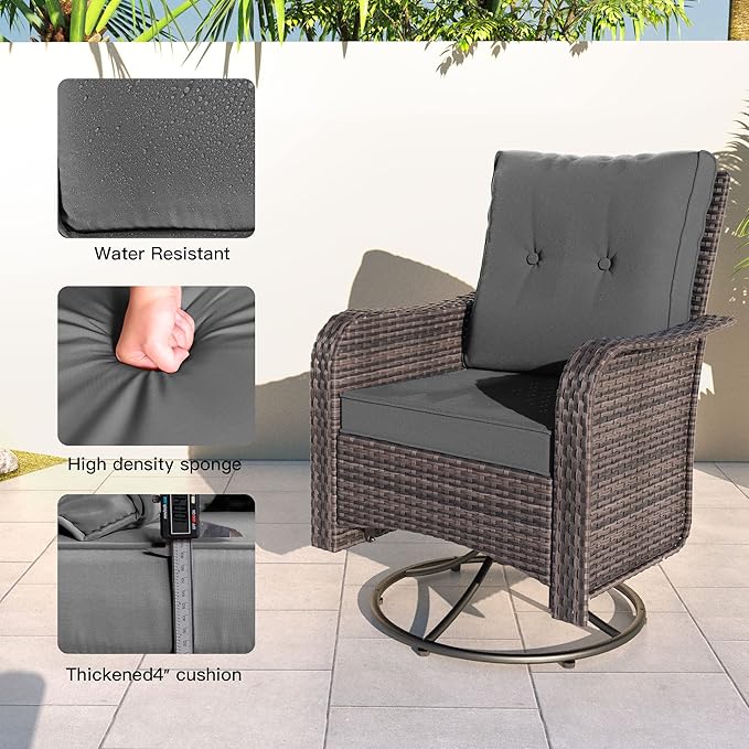 Kullavik 11PCS Outdoor Patio Furniture Set,PE Wicker Rattan Sectional Sofa Patio Conversation Sets with 43" 55000BTU Gas Propane Fire Pit Table,Swivel Rocking Chairs Set,Grey