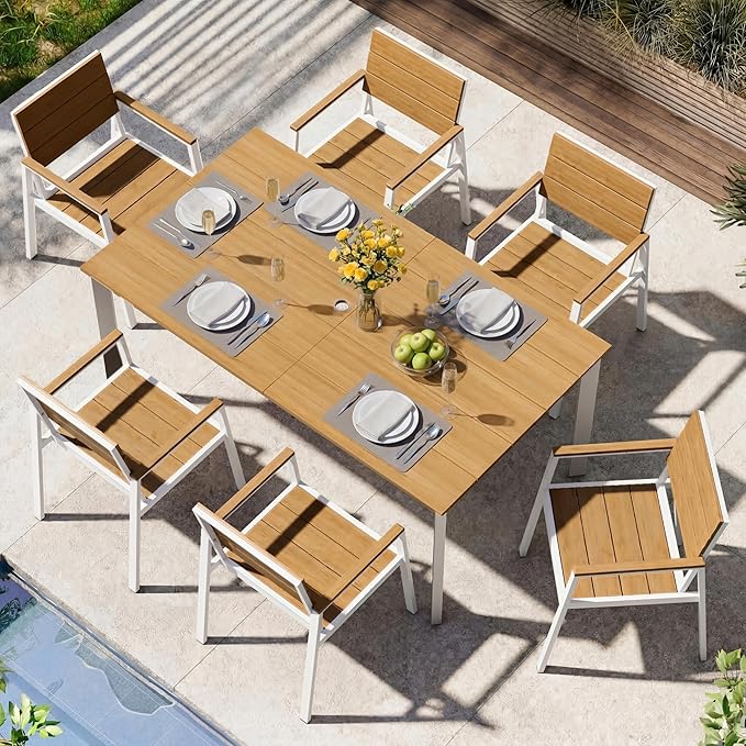 Outdoor Dining Set for 6, Aluminum Patio HDPS Outdooor Table and Chairs Set with Umbrella Hole, All Weather Patio Furniture Set, 7 Peice Patio Dining Table Set (White & Teak)