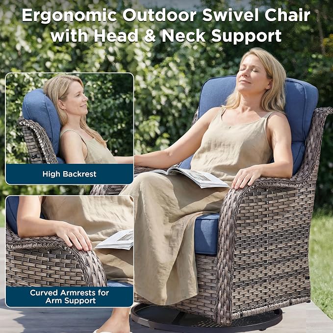 Luxury 10 Pieces Patio Furniture Set, Wicker Swivel Rocker Patio Chairs with 6" Thick Cushion, Outdoor Wicker Sofa with Coffee Table, All Weather Outdoor Conversation for Garden Porch(Grey/Blue)