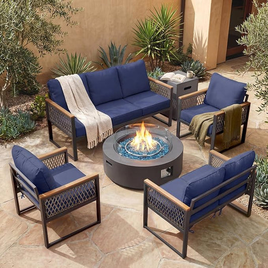 UPHA 7 Pieces Patio Furniture Set with 42" Propane Gas Fire Pit Table, Metal Outdoor Sectional Couch Set with Loveseat & 3-Seat Sofa, Modern Patio Conversation Set for Porch Balcony Deck, Navy Blue