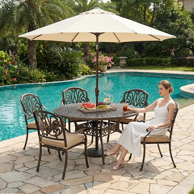 7 Piece Outdoor Dining Set Cast Aluminum, Retro Patio Dining Furniture Set for 6 Includes 54’’ Round Table 6 Chairs with Thicker Cushion and Umbrella Hole for Patio Deck Garden