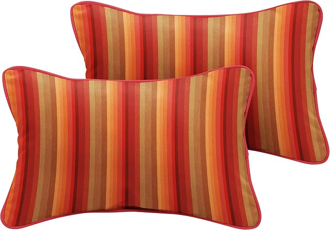 Mozaic Company Sunbrella Indoor/ Outdoor 18" x 12" Corded Lumbar Pillows, Astoria Sunset Stripe and Dupione Crimson, Set of 2