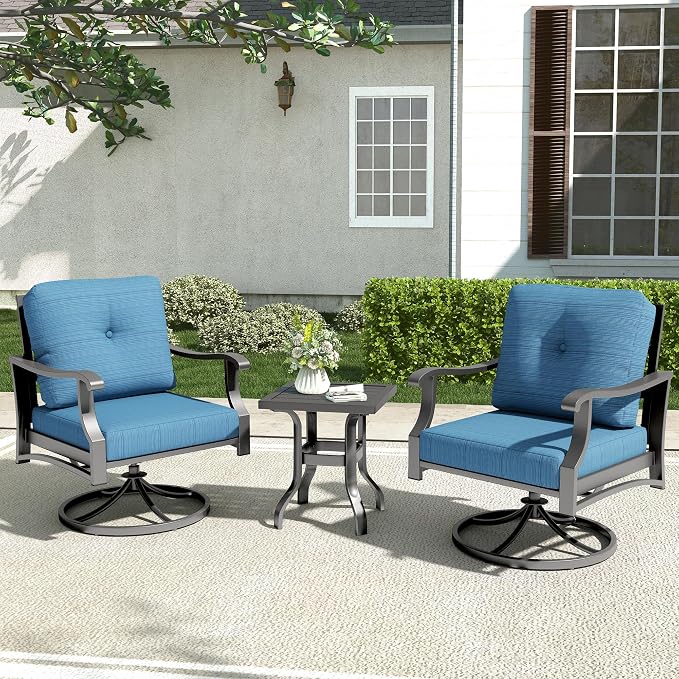Outdoor Swivel Rocking Chairs, 3 Piece Metal Patio Rocker Chair w/Coffee Table, Aluminum Patio Bistro Furniture Set with 5" Thickened Cushions for Porch, Yard, Balcony, Blue