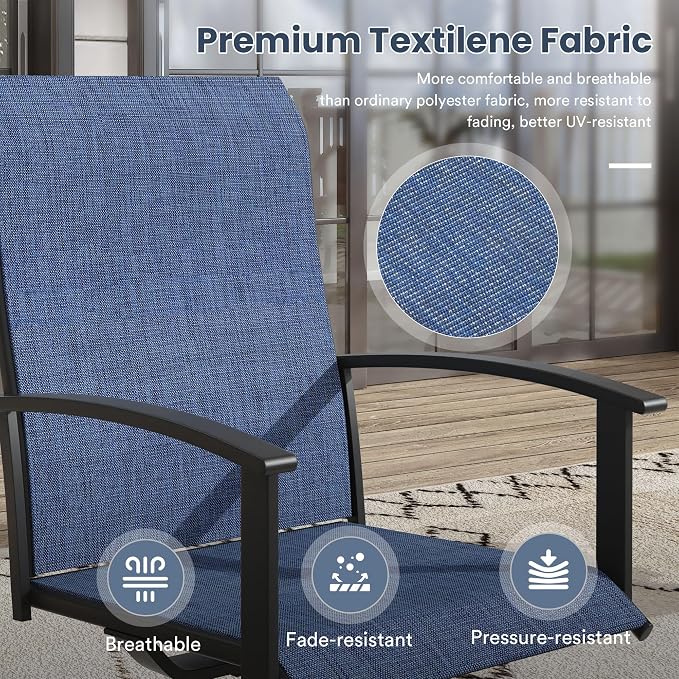 VICLLAX 3 Pieces Small Patio Dining Set-28 Small Outdoor Table and Swivel Patio Chairs Set for Deck, Lawn and Garden, Black Table and Blue Chairs
