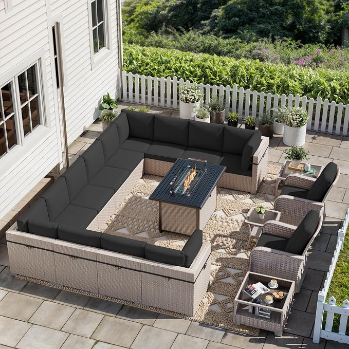 18 Pieces Patio Furniture Set with Fire Pit Table, Outdoor Sectional Wicker Sofa with Thick Cushions, High Back Swivel Rocker Patio Chairs, Rattan Conversation Set with Coffee Table, Black