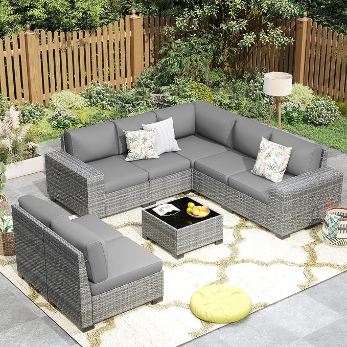 Outdoor Patio Furniture Set, 8‘’ Wide armrest Outdoor Sectional Rattan Sofa Set, Wicker Patio Furniture Sets w/Coffee Table,Thick Cushions and Cover for Porch, Balcony,Deck,8 PCS(Grey&Grey)