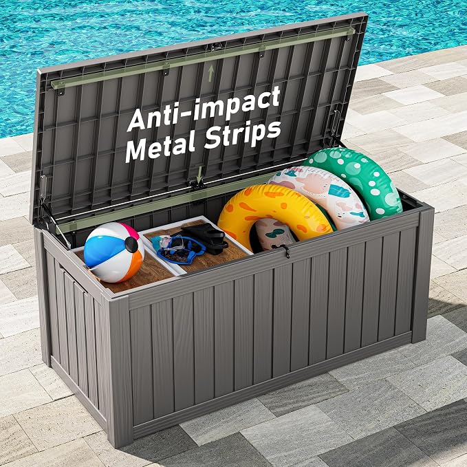 Outdoor Storage Box, 150 Gallon Resin Deck Boxes Outdoor Waterproof For Patio Furniture, Garden Tools, Pool Supplies, Lockable And UV Resistant (Striped Gray)