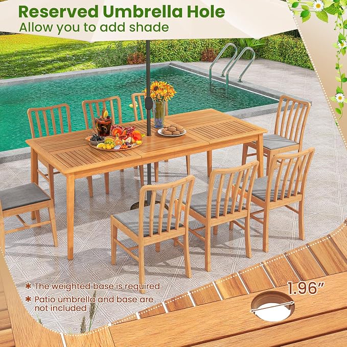 Tangkula 9 Pieces Patio Dining Table Set, Wood Rectangular Dining Table with 1.96” Umbrella Hole and 8 Chairs, Outdoor Dinner Furniture for Garden, Deck, Backyard