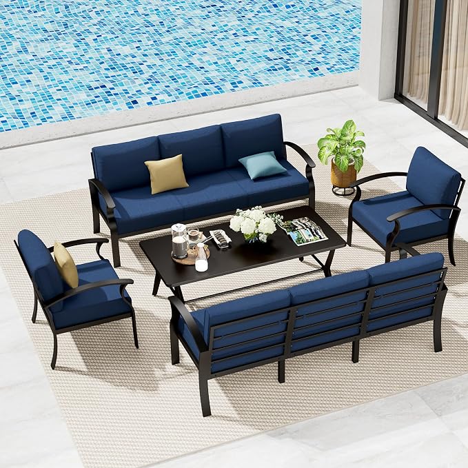 Aluminum Patio Furniture Set with Coffee Table,8 Seats Metal Modern Outdoor Furniture w/5.1" Thick Cushions,Patio Sectional for Patio,Backyard,Navy