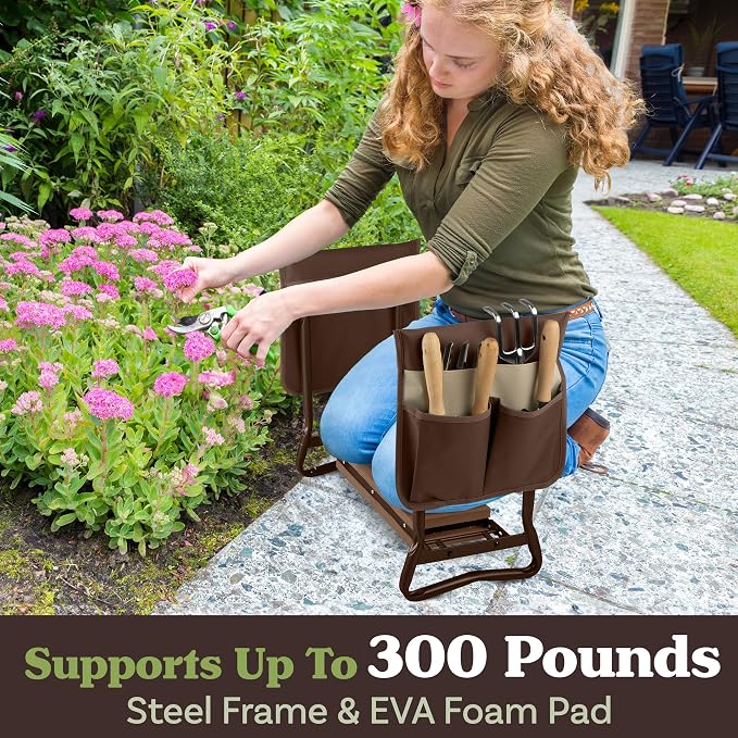 Pure Garden Garden Kneeler and Seat - 2-in-1 Foldable Garden Kneeling Pad and Stool with Removable Pockets for Gardening Tools - Gardening Gifts for Women, Mom, Dad, Seniors or Grandparents (Brown)
