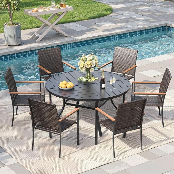 Round Patio Dining Set for 6, Outdoor Furniture Set of 47.2" Round Metal Table with Umbrella Hole and Stackable Wicker Patio Chairs for Backyard Lawn Garden, Walnut Chairs, Black Table