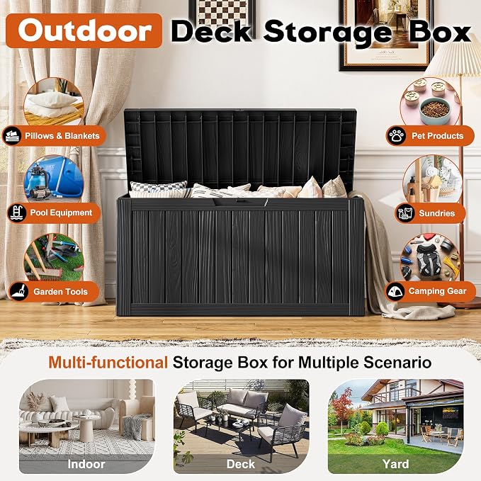 Outdoor Storage Box, Resin Deck Boxes Indoor and outdoor, Waterproof Storage Box Lockable Lid (Black, 85 Gallon)