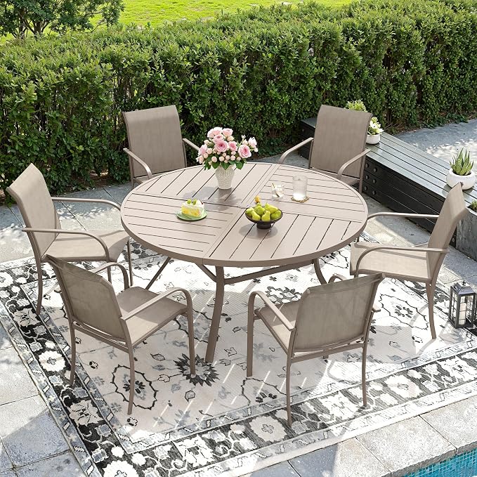 DIFY 7 Pieces Outdoor Patio Dining Set for 6, 50" Round Metal Dining Table and 6 Stackable Textilene Patio Chairs, Outdoor Table and Chairs for Backyard Garden Poolside, Sandshell