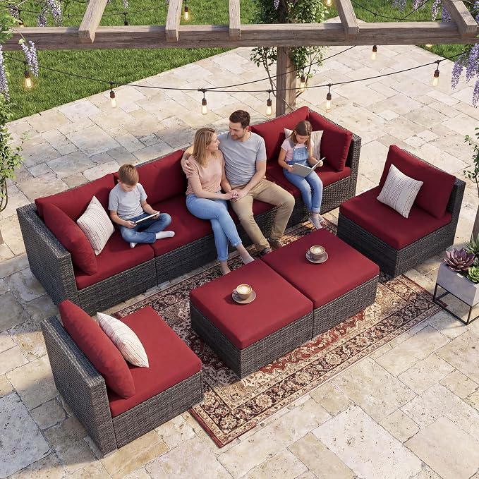 NICESOUL 8 Piece Modern Patio Couch Set, 29.3'' High Back Oversized Wicker Outdoor Sectional Furniture with Ottoman, Wide Seating Comfy Conversations for Backyard Deck, 2 Color Cushion Wine & Gray