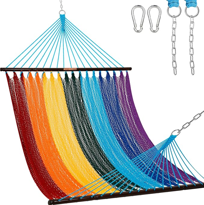 Lazy Daze Hammocks 10.5 FT Double 2 Person Caribbean Rope Hammock, Hand Woven Polyester Hammock with Spreader Bars, for Outside Outdoor Backyard Patio Poolside, 450 LBS Capacity, Rainbow