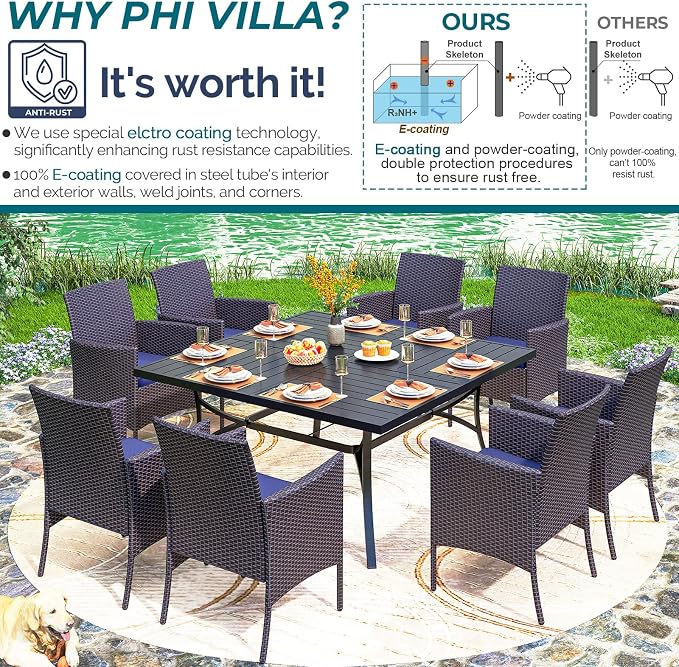 PHI VILLA 9 Pieces Square Outdoor Dining Set for 8, 57” Metal Iron Dining Table & Rattan Wicker Chairs with Cushions, Large Dining Furniture Set for Patio, Deck, Yard, Porch