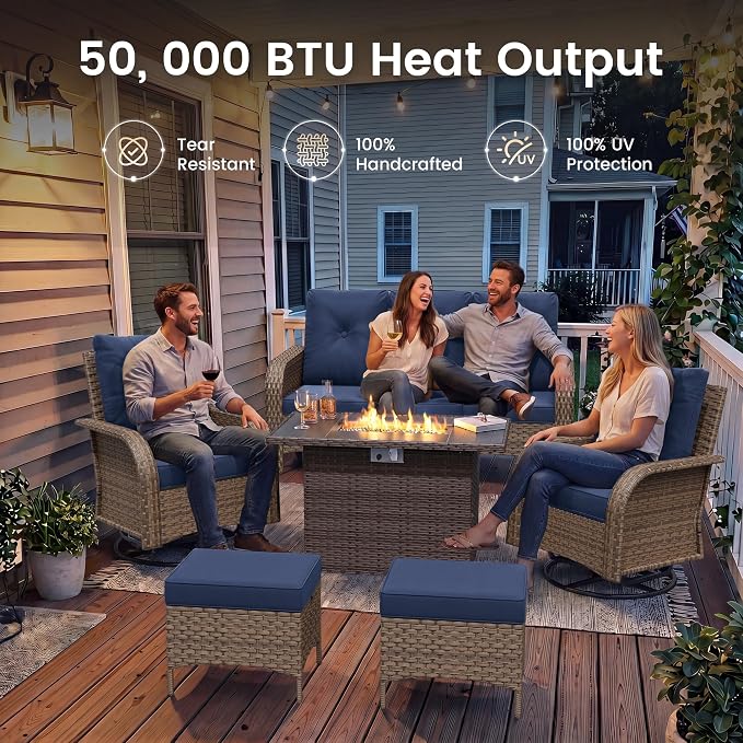 UDPATIO Patio Furniture Set with 44" Fire Pit Table, High Back 2 Swivel Rocker Chairs, Wicker Outdoor Conversation Sets with Thick Cushions & Ottoman, for Garden, Porch