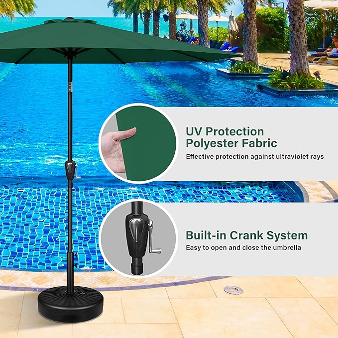 HealSmart 2pcs 9ft Patio Umbrella with Push Button Tilt/Crank, Outdoor Table Market Yard Umbrella with 8 Sturdy Ribs for Garden, Backyard, Deck, Pool, Green