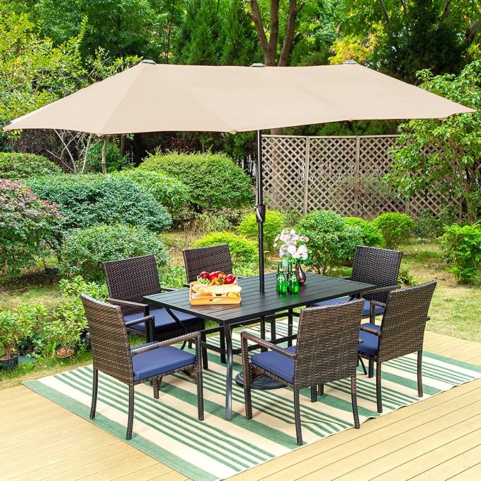 Sophia & William 8 Pieces Patio Dining Set with 13 Ft Beige Double-Sided Twin Umbrella, Outdoor Rattan Chairs & Metal Table Set with Cushions and 1.57" Umbrella Hole for Backyard Porch Poolside