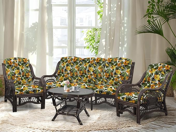 Malibu Lounge Set of 4: 2 Natural Rattan Wicker Chairs, Three-Seater Sofa with Cushions and Coffee Table with Glass Handmade, Dark Brown Color