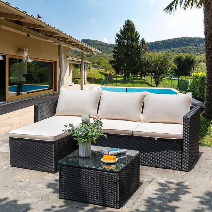 Shintenchi 4 Pieces Patio Furniture Set, 2-in-1 Convertible Sectional Sofa & Chaise Lounge, All-Weather Wicker Rattan Sofa Couch with Cushions & Coffee Table for Yard, Garden, Porch, Poolside (Beige)