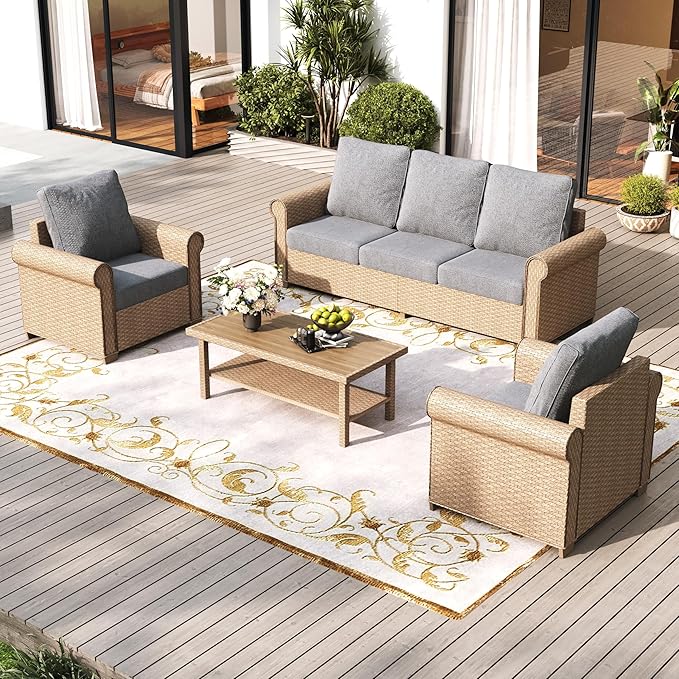 Patio Furniture Set 4 pcs, Wicker Rattan Outdoor Furniture with 5.5” Thick Cushions, 3-Seat Sofa, 2 Chairs and Coffee Table, Outdoor Conversation Set for Garden Backyard Deck, 5 Seats Grey