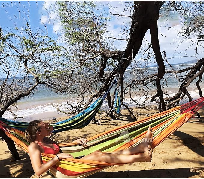 ANYOO Cotton Hammock Portable Camping Hammocks for Hanging Sturdy Garden Comfortable Fabric Hammock with Tree Straps Up to 660lbs with Travel Bag for Camping Outdoor/Indoor Patio Backyard