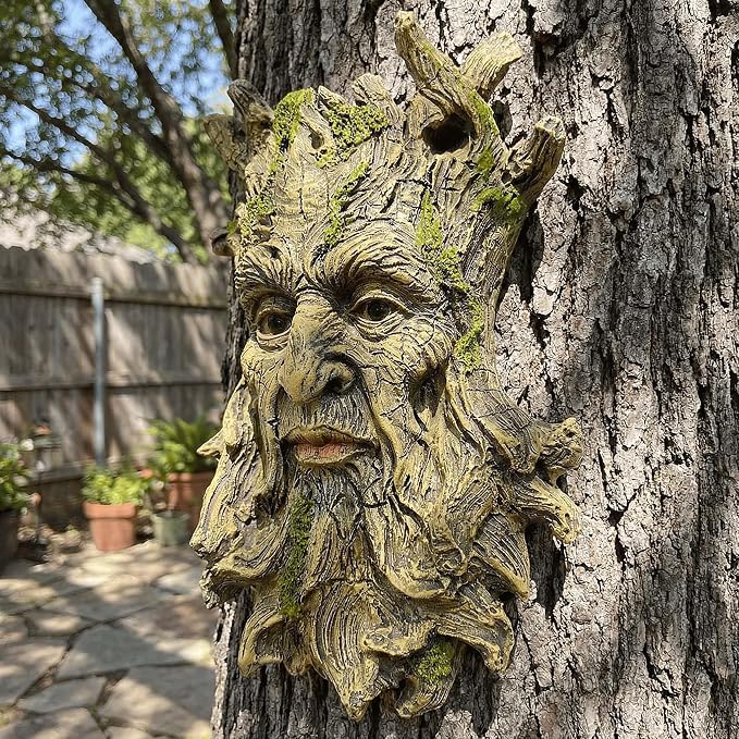 10.3" Whimsical Tree Face Sculpture, Garden Peeker Statue, Outdoor Trunk Tree Huggers Art, Landscape Accent Ornament, Hanging Fairy Elve Figurine for Yard Art, Trees Decor Wall Mounted Statues