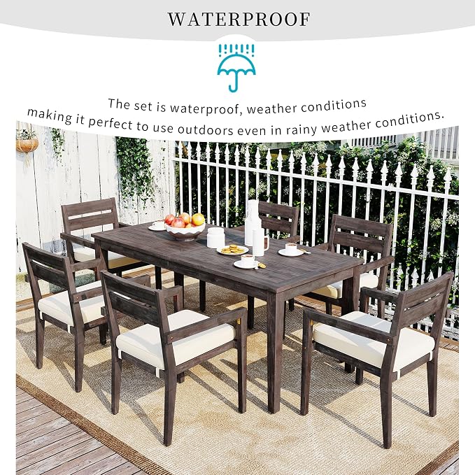 RUNNA 7-Piece Outdoor Patio Dining Set,Acacia Wood Outdoor Dining Table and Chairs Set with Armrest Chairs with Cushions for Patio, Balcony Or Backyard (Grey/Acacia Wood)