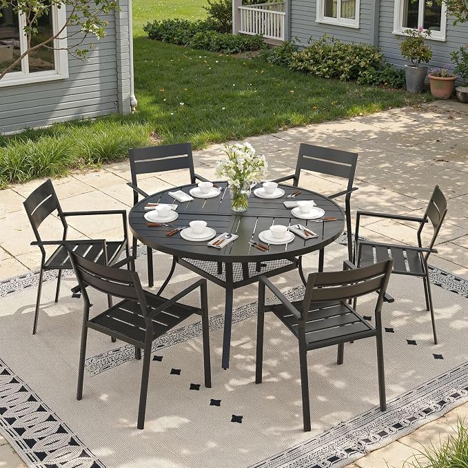 Patio Dining Set for 6, Round 47.3" Patio Dining Table and Stackable Outdoor Dining Chairs Outdoor Furniture for Backyard Porch Deck, Spliced Black Table and Black Chairs