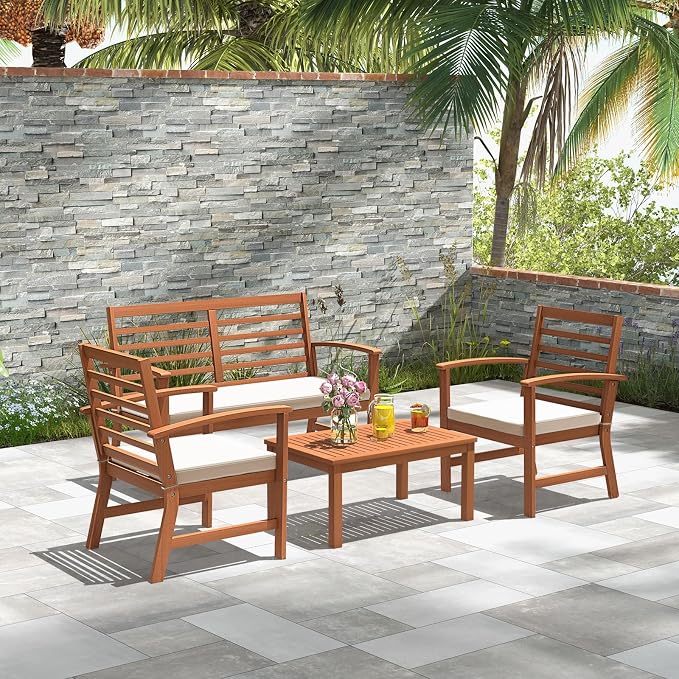 Tangkula 4 Pieces Outdoor Furniture Set, Acacia Wood Conversation Set w/Soft Seat Cushions, Stable Acacia Wood Frame, Patio Sofa & Coffee Table Set for Backyard, Porch, Poolside (White)
