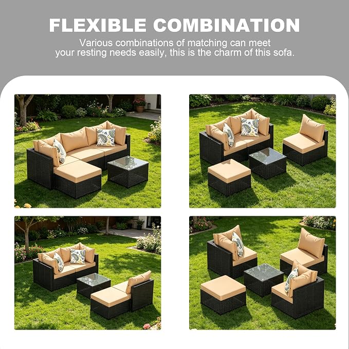 5 Piece Patio Furniture Sets, Outdoor Patio Set Sectional Sofa, All-Weather PE Rattan Couch with Cushion, Glass Table for Gatherings, Parties, Sports Viewing (Khaki, 5-Piece Set)
