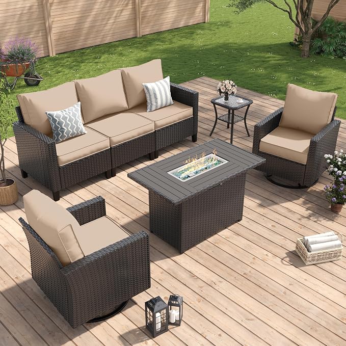 Amopatio Patio Furniture Set with Fire Pit Table, Wicker Outdoor Sectional Sofa with Swivel Rocker Chairs, All-Weather Rattan Conversation Set, Waterproof Cover for Backyard, Deck Black/Khak 5 PCS