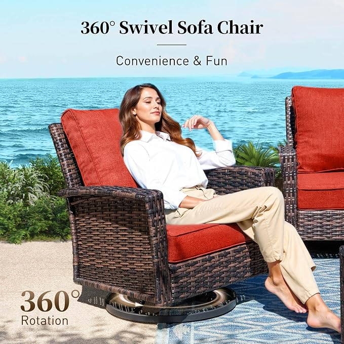 SUNSHINE VALLEY Patio Wicker Swivel Chairs Set of 2, Outdoor High Back Chairs with 5.5" Waterproof Cushions, Outdoor Furniture Set for Deck Porch and Yard, Red