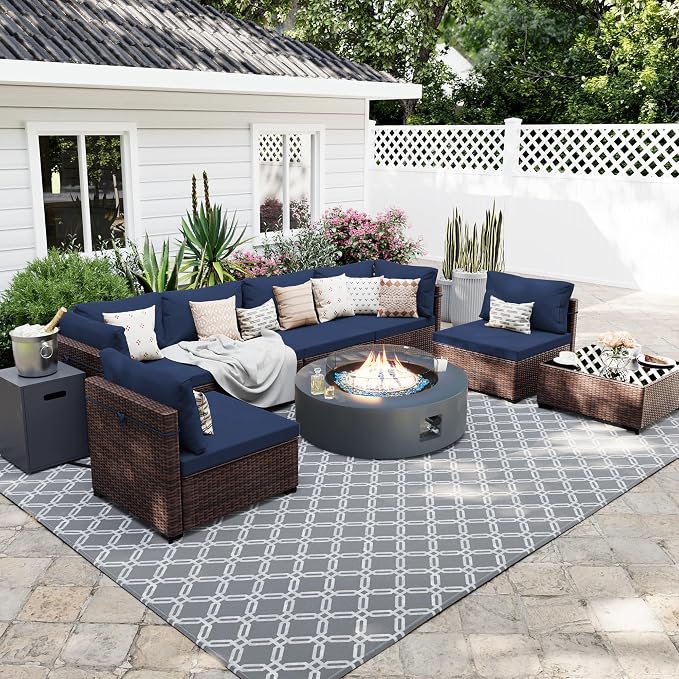UPHA 9 Pieces Patio Furniture Sets, Wicker Outdoor Sectional Sofa Couch with Round Propane Pit for Deck Backyard Garden, Brown Rattan, Navy Blue Cushion