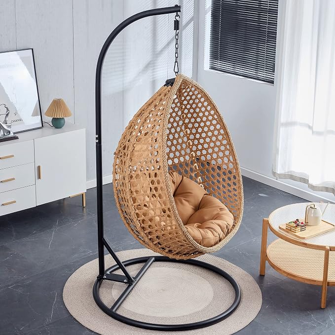 Hanging Egg Swing Chair with Stand, Rattan Wicker Hanging Egg Chair Hammock Indoor with Cushions, Swinging Chair for Bedroom Outdoor Patio Balcony Backyard Sunroom Heavy Duty 350LBS (Yellow)
