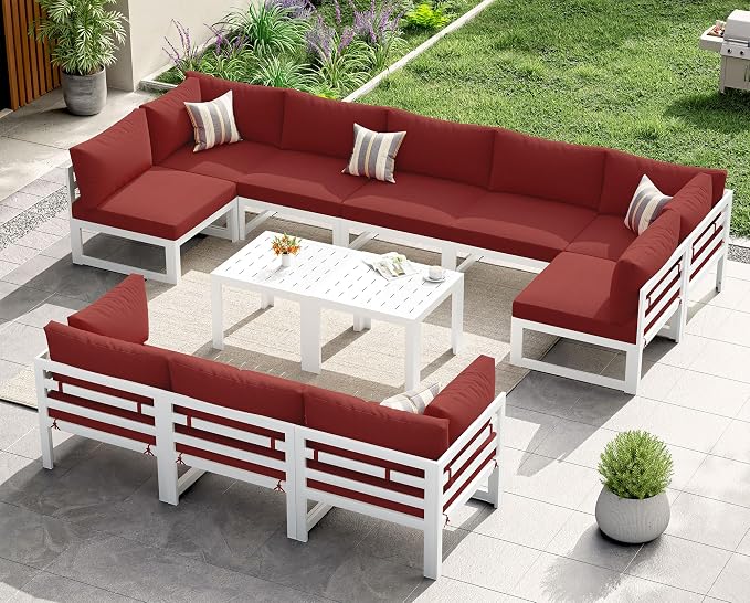 NICESOUL 12 Pcs Large Modern Aluminum Patio Furniture Set, L Shaped All Weather Modular Sectional Sofa with Coffee Table, 500 lbs Heavy Duty Comfortable Outdoor Couch for Poolside Backyard, Burgundy