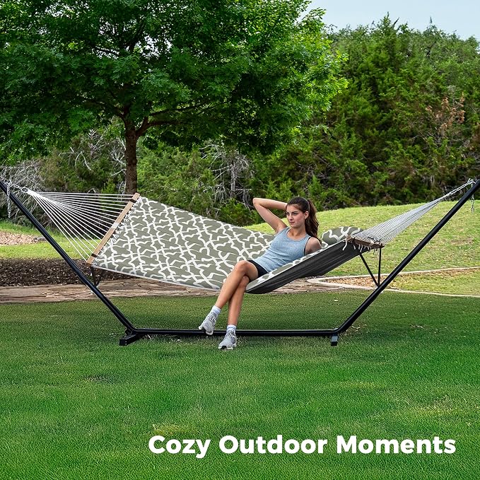 SUPERJARE Hammock with Stand, 2 Person Quilted Outdoor Hammock, Detachable Pillow & Bamboo Spreaders, Portable with Carrying Bag, Heavy Duty Stand, Perfect for Outside, Patio, Grey with White Flower