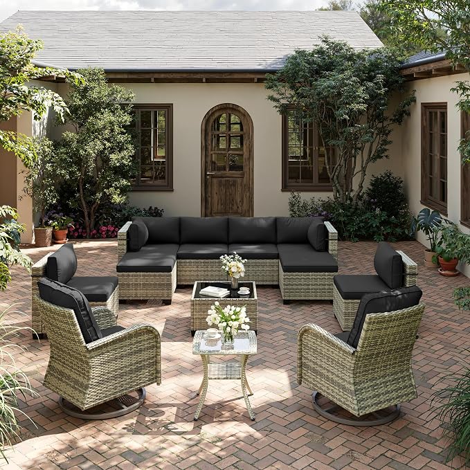 12-Piece Patio Furniture Set, Outdoor Patio Furniture with Swivel Chairs Set, Ottomans, Modular Patio Sofa, Dual-Strand Wicker Rattan, Rust-Resistant Frame, Black