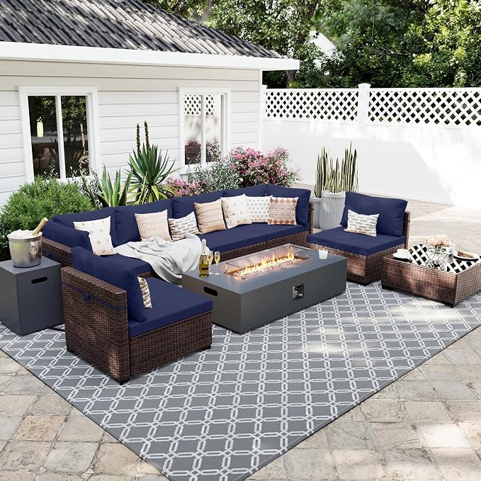UPHA 9 Pieces Patio Furniture Sets, Wicker Outdoor Sectional Sofa Couch with Rectangle Propane Pit for Deck Backyard Garden, Brown Rattan, Navy Blue Cushion