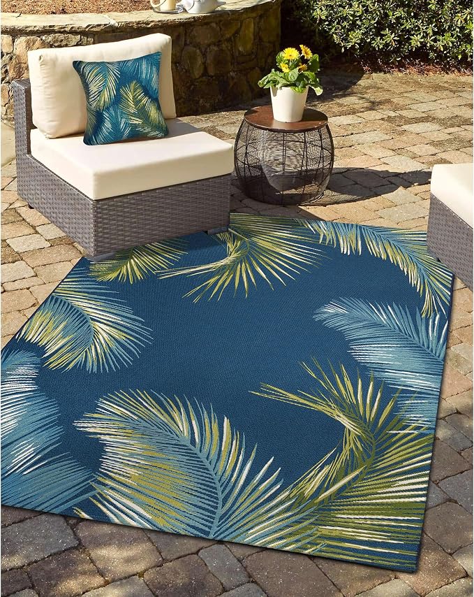 Liora Manne MARINA Indoor/Outdoor Power Loomed Easy Care Pillow - Transitional Graphic Botanical Beach Accent (Palm Border Navy) (18" x 18")